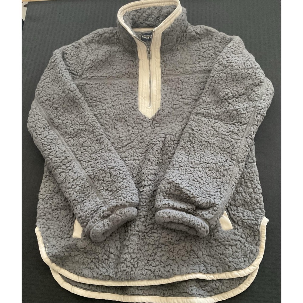 Abercrombie &‎ Fitch Jacket Womens Medium Gray Sherpa Fleece 1/4 Zip Pockets